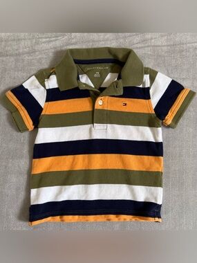 Tommy Hilfiger Striped Front Button Polo - Olive, Navy, Orange & White